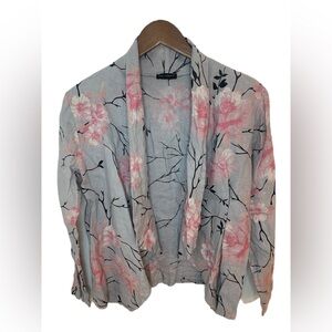 Luca Vanucci 100% Linen Open Jacket Medium Blue Gray Floral Lightweight